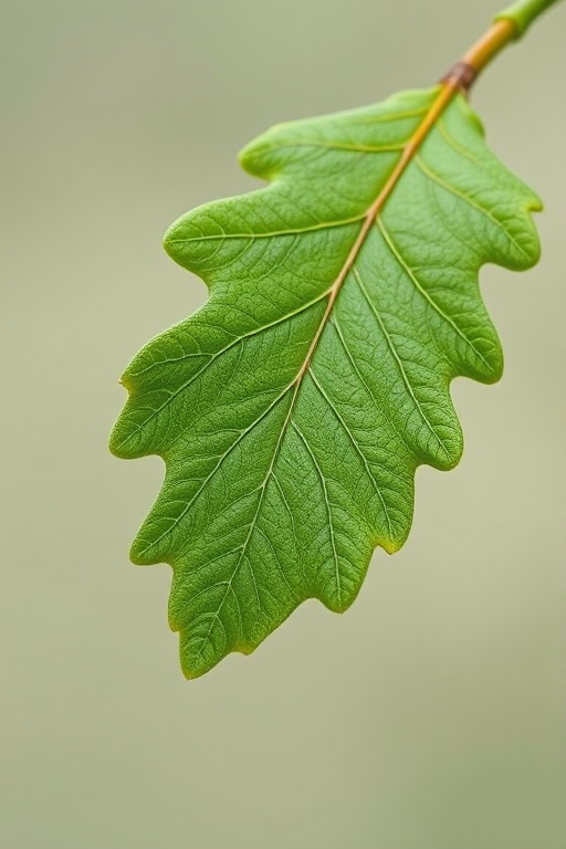 Regenerate an image of a green oak leaf on a plain background, macro photography, f/2.8 aperture, ISO 100, 50mm lens, natural light, sharp focus, high resolution.