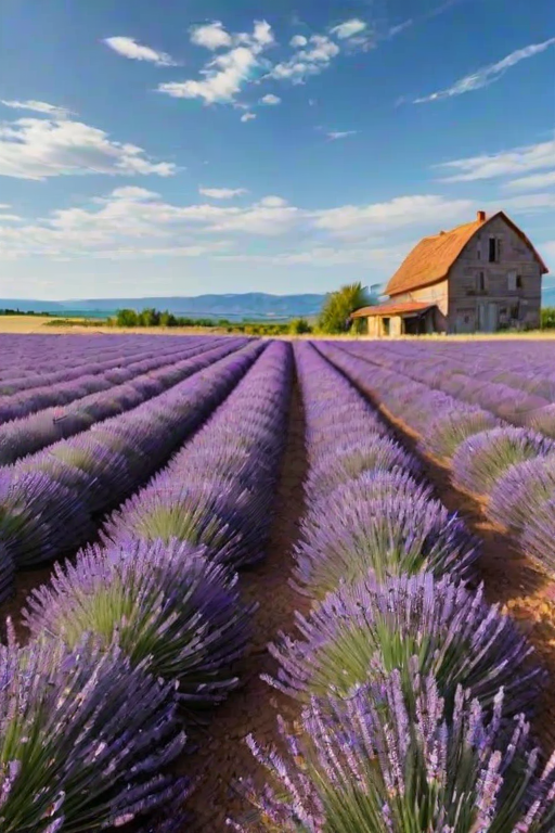 Sharp, detailed image of a field of lavender in full bloom, bees buzzing between flowers, soft purple hues stretching to the horizon, a distant farmhouse visible under a clear blue sky, soft breeze rustling the flowers.