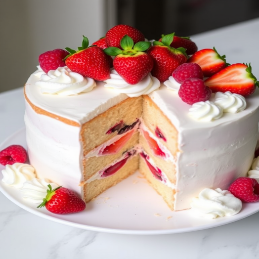 A beautifully decorated layered cake with fresh strawberries and raspberries on top surrounded by whipped cream, showcasing a slice removed to reveal the cake's interior layers of sponge and berry filling.