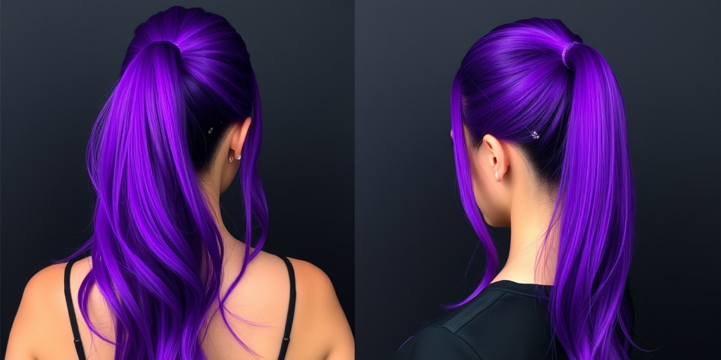 Intense ultraviolet purple hair in the "Cosmic Queen" design features a long, sleek ponytail with holographic accents