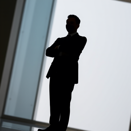 Create a high-quality image of a standing figure in a formal suit with arms crossed, shot with a 50mm lens at f/2.8 aperture, in natural light, using a DSLR camera from a low angle to enhance the silhouette effect.