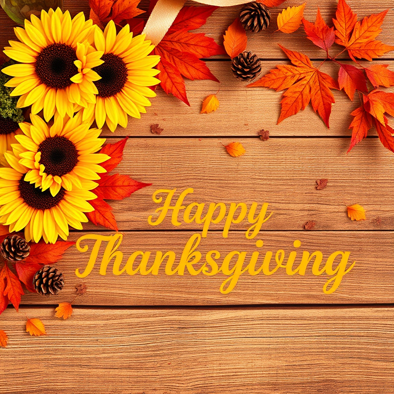 Create a warm and festive autumn scene featuring a wooden background adorned with sunflowers red and orange leaves and pine cones include the text Happy Thanksgiving in a stylish cursive font