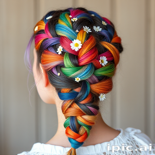 Bohemian Rainbow Braid showcasing an intricate, multi-colored Dutch braid incorporating all the colors of the rainbow, adorned with small flowers and delicate beads