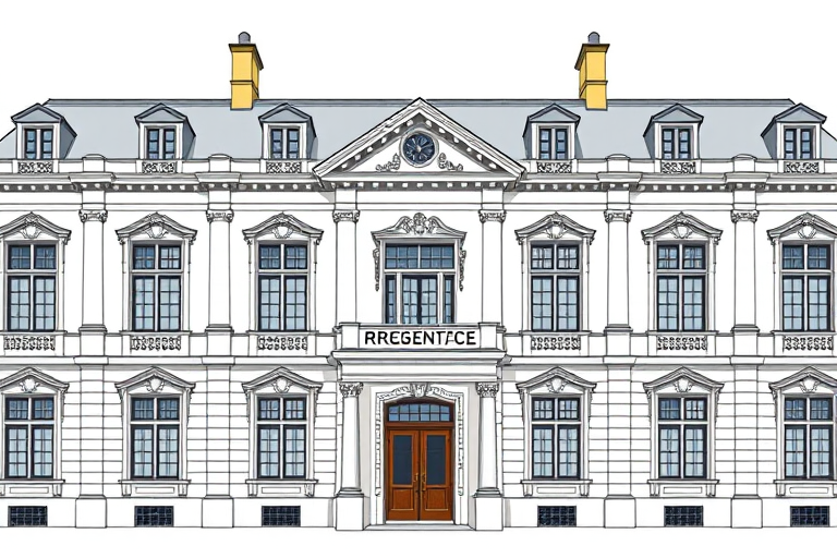 Regenerate an architectural illustration of a classic building with a symmetrical facade, featuring detailed windows and a prominent entrance, using a DSLR camera, 50mm lens, f/8 aperture, ISO 100, natural lighting, shot from a straight-on perspective to enhance clarity and detail.