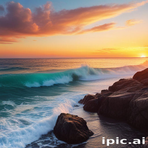Serene Sunset Over the Ocean, Waves Crashing on Rocky Shoreline