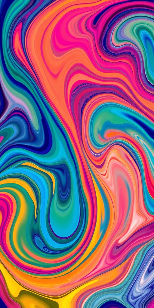 create an abstract image of vibrant, swirling colors in a wave pattern with high saturation, captured with a DSLR camera at f/5.6 aperture, 1/125 shutter speed, ISO 200, 50mm lens, top-down view, enhanced clarity and saturation for vividness and depth