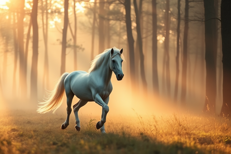 A majestic unicorn trotting through a misty forest at dawn, soft golden light filtering through the trees, captured with a Canon EOS R5, 85mm f/1.2 lens, ISO 100, aperture f/1.8, shutter speed 1/200s, focus on the unicorn with a shallow depth of field for a dreamy effect.