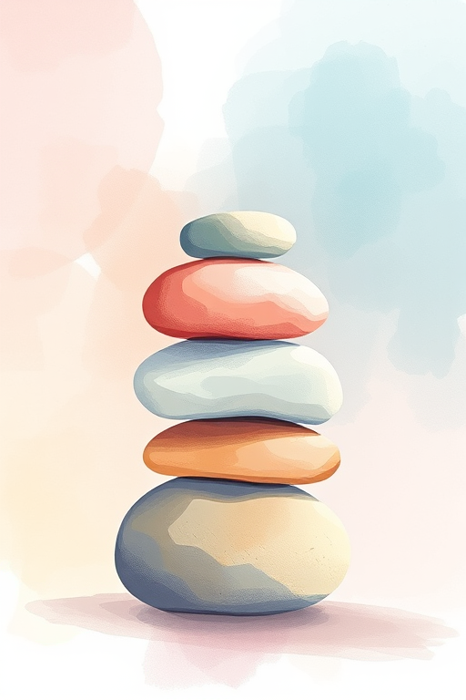 Create a serene illustration of three stacked stones in soft pastel colors with a gentle watercolor background, captured with a Canon EOS 5D Mark IV at f/8, ISO 200, 50mm lens, in natural light for enhanced clarity and depth.