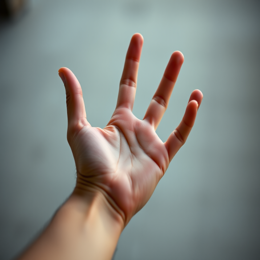 Create a high-resolution image of an open hand shown from a slightly elevated angle using a DSLR camera with a 50mm lens at f/2.8, ISO 100, and shutter speed 1/250s for enhanced detail and clarity.