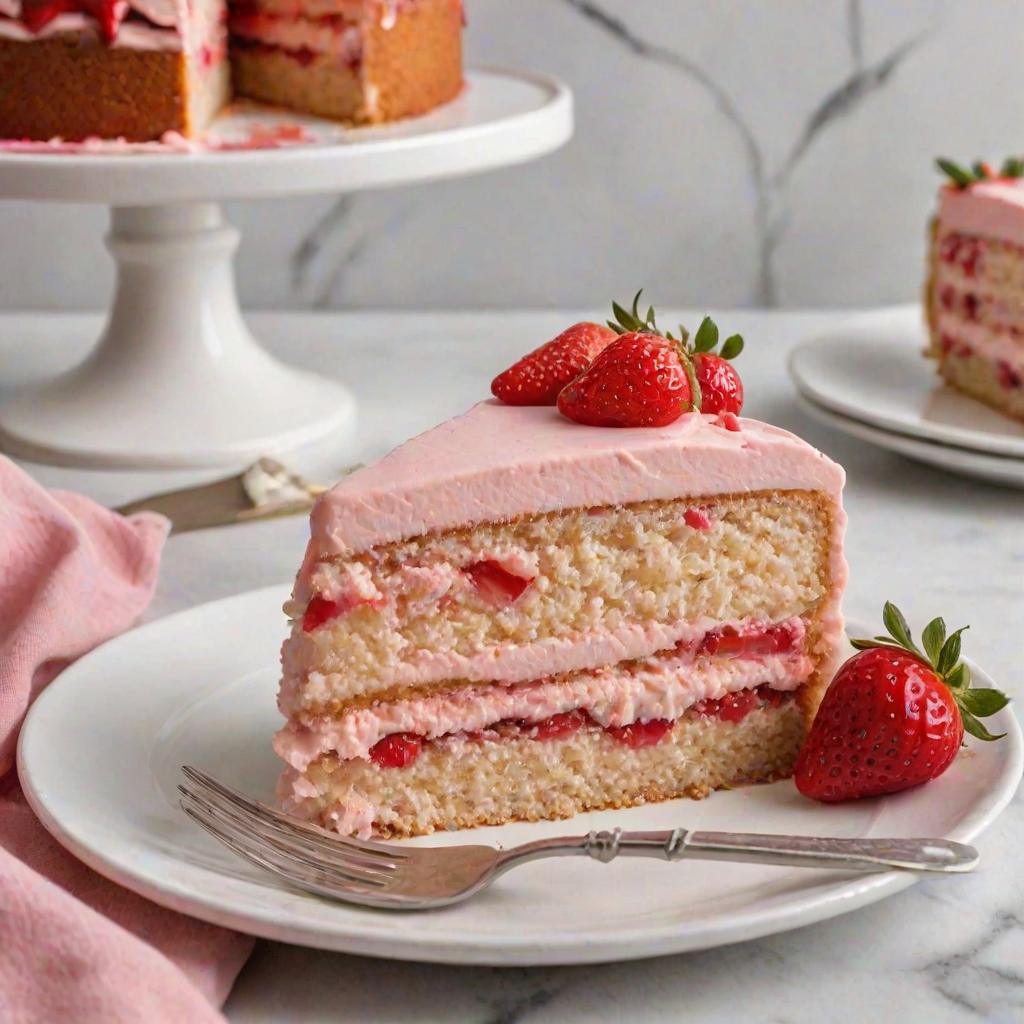 Create an image of a perfectly sliced piece of strawberry cake on a white plate. The cake should have layers of light, fluffy vanilla sponge and a vibrant strawberry filling, topped with a smooth pink frosting and a dollop of whipped cream. Include a fork resting beside the slice and a second plate with an additional piece of cake in the background, set against a marble countertop.