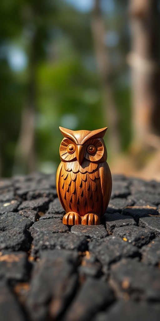 Wooden owl sculpture on a textured black surface with blurred natural background, captured at f/2.8, ISO 100, 1/200 sec, using a macro lens for fine detail and bokeh effect, in natural sunlight to enhance colors and textures.