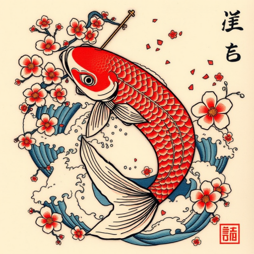 Traditional Japanese Irezumi tattoo entitled "Koi Ascension" featuring a large, ornate koi fish swimming upwards through swirling waves and cherry blossoms, symbolizing perseverance and transformation, with bold outlines and vibrant colors characteristic of the style, ideal for those who appreciate the rich history and symbolism of traditional Japanese tattooing.
