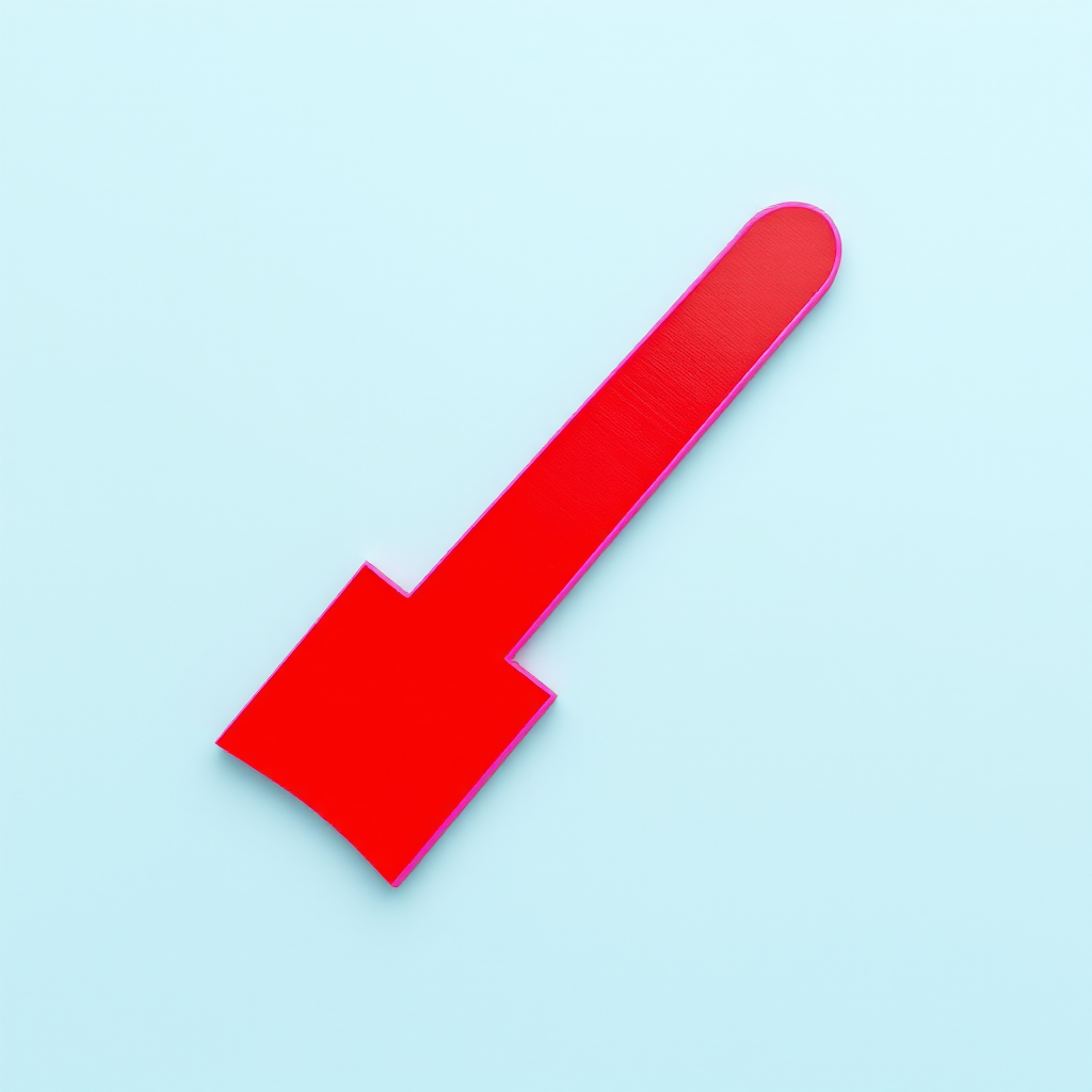 Create a high-resolution image of a bold red arrow pointing downward with a pink outline, shot with a Canon EOS R5 at f/2.8 aperture, 50mm lens, and in a flat lay perspective for clarity and detail.