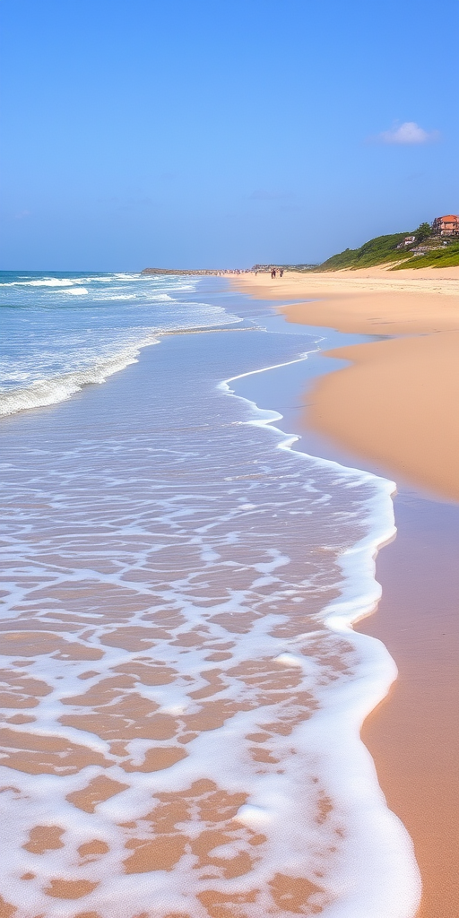 generate a high-resolution beach scene with gentle waves lapping at the shore, capture a serene coastal landscape in daylight with a wide-angle view, use an aperture of f/8, ISO 100, shutter speed of 1/200s, and a DSLR camera for vibrant colors and sharp detail.