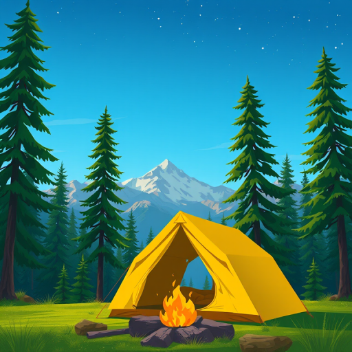 generate a vibrant illustration of a camping scene featuring a yellow tent set against a backdrop of tall green pine trees and majestic mountains under a clear blue sky with a campfire in front, use a Canon EOS 5D Mark IV with a 24-70mm f/2.8 lens, aperture set to f/8, ISO 200, shot in landscape mode to enhance depth of field and color saturation.