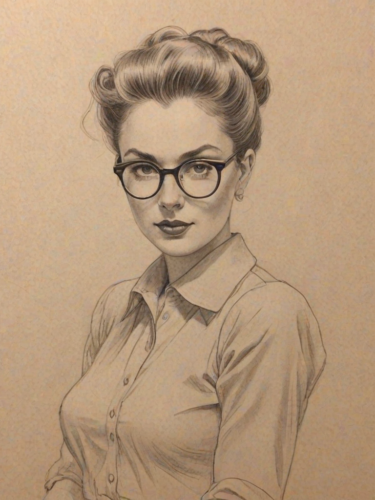 Lovely Maddie Baillio, pencil sketch, portrait of Bewitching woman 1939s in glasses, hair style beatnik, outline, clear lines, fine lines, 8k