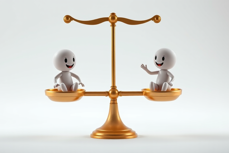 Create an image of a cartoon balance scale with two playful humanoid figures, one on each side, using a DSLR camera at f/2.8 aperture, 50mm lens, ISO 100, in a bright studio setting with soft lighting for enhanced quality.
