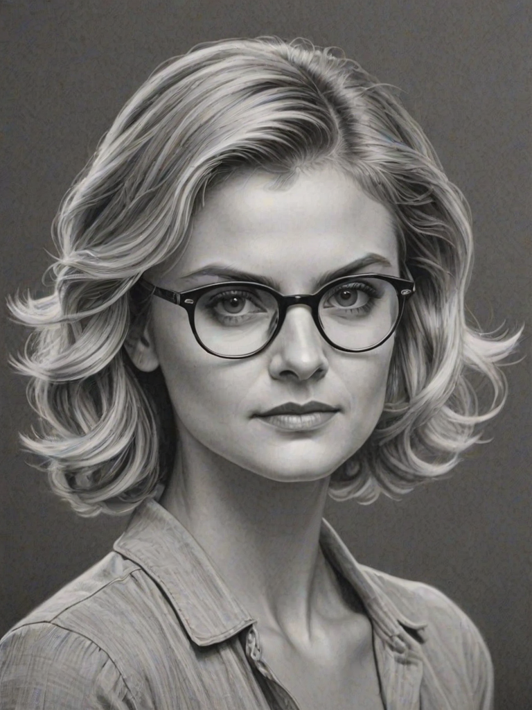 Lovely Eliza Coupe, pencil sketch, portrait of Magnificent woman 1936s in glasses, hair style beatnik, outline, clear lines, fine lines, 8k