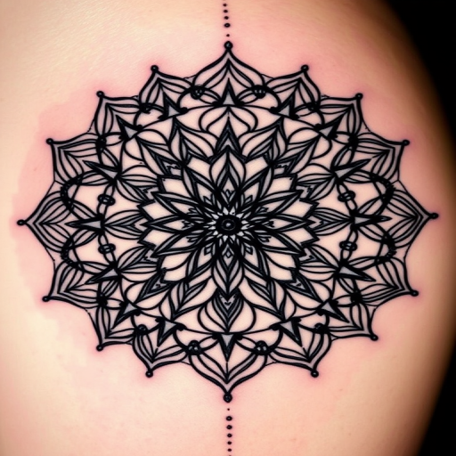 Intricate blackwork mandala tattoo called "Obsidian Lotus" showcasing a complex geometric pattern of interconnected lines and shapes forming a circular design reminiscent of a blooming lotus flower, with bold black ink creating stark contrast against the skin and fine dotwork details adding texture and depth to the tattoo, resulting in a mesmerizing and meditative piece that draws the eye and captivates onlookers