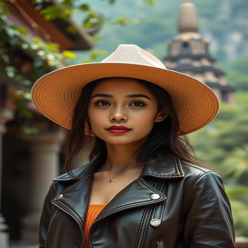 Create a portrait of a young woman wearing a wide-brimmed hat and a leather jacket, set against a lush, ancient temple background, using a Canon EOS R5 with a 50mm f/1.2 lens, aperture set to f/1.2 for a shallow depth of field, ISO 100 for optimal clarity, and natural light to capture vibrant colors and details.