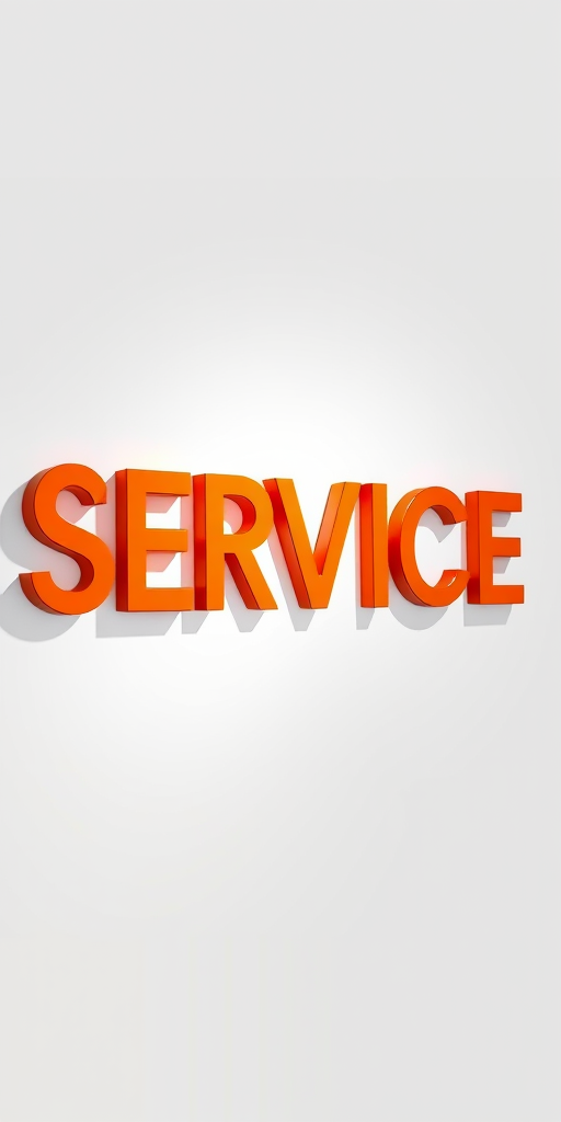 Create a 3D render of the word SERVICE in bold, glossy orange letters against a white background, using a Canon EOS R5 with a 50mm f/1.2 lens, aperture set to f/2.8, ISO 100, and a soft focus effect to enhance depth and detail.