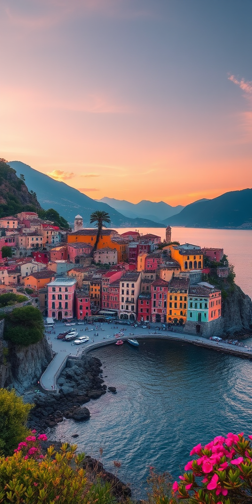 Capture a high-resolution image of a coastal town with colorful buildings along the waterfront, surrounded by mountains and water at sunset, using a DSLR camera with a 24mm lens, aperture f/8, ISO 200, and a slow shutter speed of 1/60 sec for enhanced detail and vibrancy.