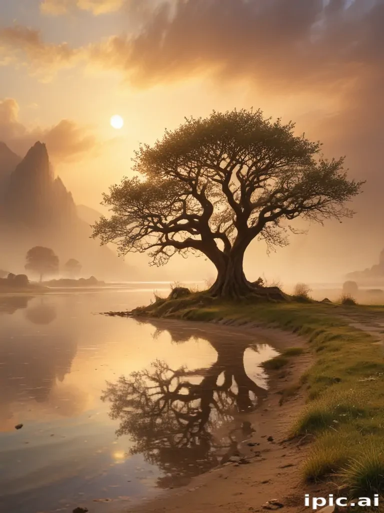 A Serene Sunset Landscape Featuring a Tree and Reflections in Water