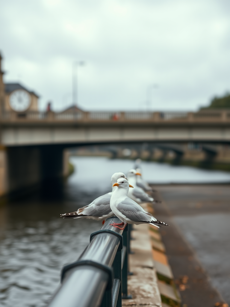 seagulls perched on a railing by a river under a bridge during overcast weather, captured with a Canon EOS R5, 50mm lens, aperture f/2.8, shutter speed 1/200s, ISO 100, shallow depth of field for a blurred background, soft natural lighting