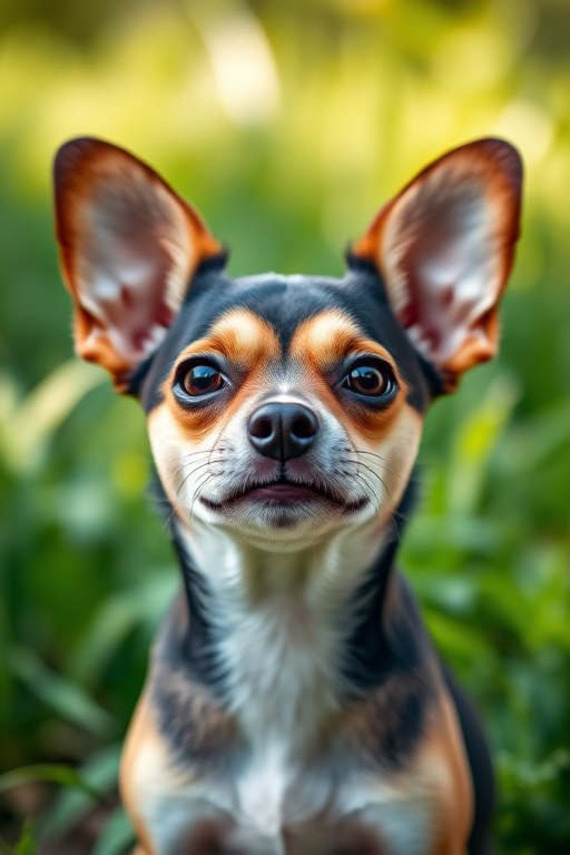 Generate a high-resolution portrait of a small dog with large ears, focused on its facial features, set in a lush green background, using a DSLR camera with an aperture of f/2.8, ISO 100, shutter speed of 1/500s, in natural light, with a shallow depth of field.