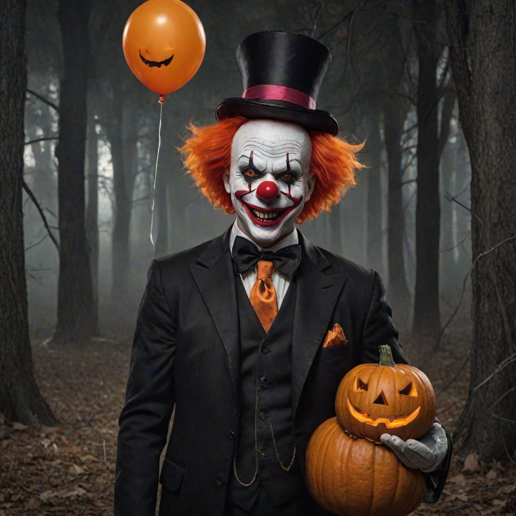 Illustrate a sinister clown with bright orange hair and a dark, menacing smile. The clown is holding a spooky jack-o'-lantern balloon and a carved pumpkin. Dress the clown in a formal suit with a large red bow tie to enhance the eerie Halloween ambiance. Aim for a chilling, unsettling style that captures the essence of Halloween horror.
