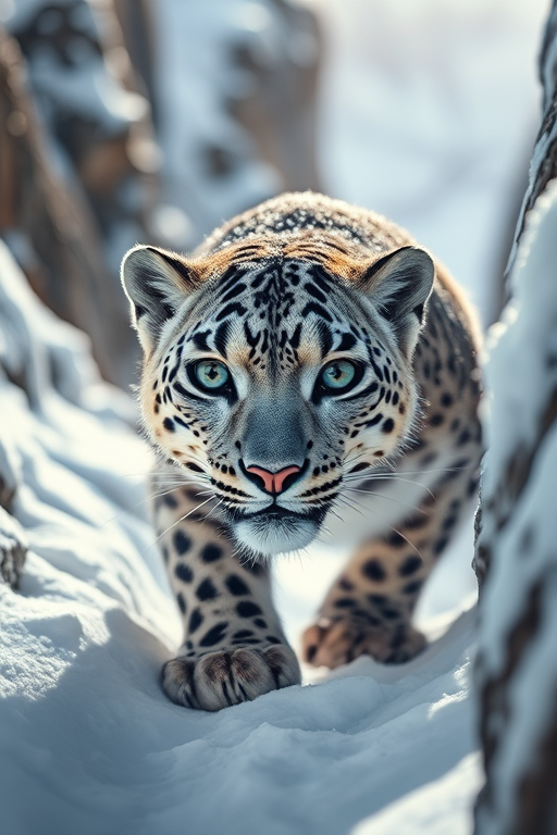 Sharp, detailed close-up of a snow leopard prowling through a snowy mountain pass, soft snowflakes dusting its fur, intense focus in its eyes, soft sunlight highlighting its spots, and the quiet majesty of the wild.
