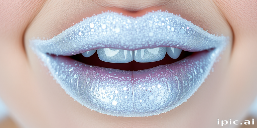 Icy white-silver lips in "Frost Queen" style, with a metallic finish and holographic snowflake-shaped glitter, creating a wintry and ethereal effect