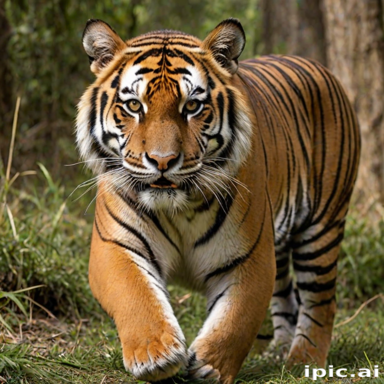 Pure Tiger Majestic Tiger Walking Through Lush Green Forest on a Sunny Day
