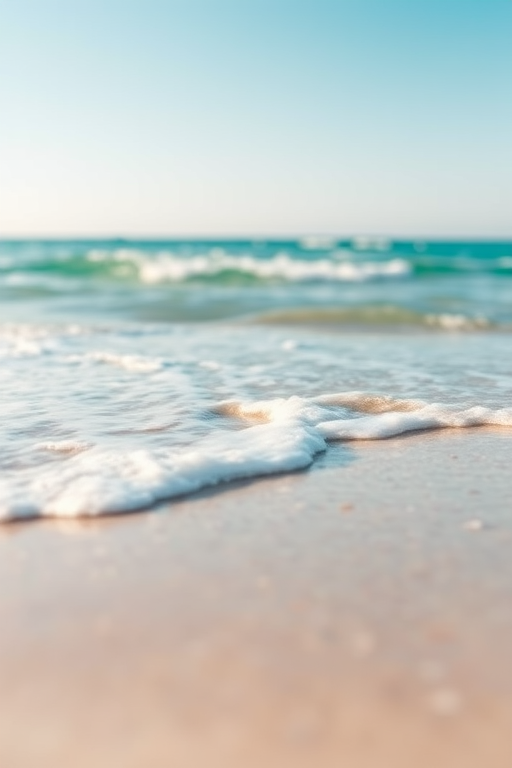 capture a serene beach scene with soft waves gently lapping at the shore under a clear sky using a DSLR camera with a 50mm lens, aperture set to f/8 for depth of field, ISO 100 for sharpness, and a low-angle perspective to emphasize the shoreline and water blending together in vibrant turquoise hues