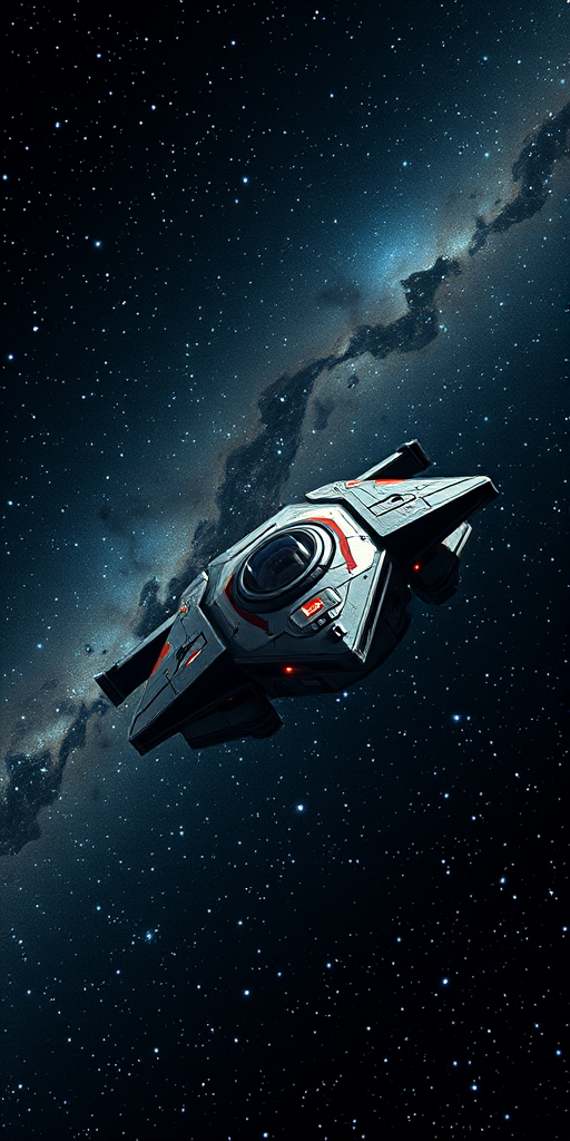 highly detailed spaceship flying through a starry galaxy background, wide-angle view, low light setting, ISO 1600, f/2.8, 1/250s, digital SLR camera, high dynamic range rendering