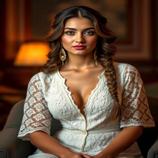 Create a portrait of a refined and elegant Afghan woman seated in a sophisticated setting. She has long, wavy hair styled in two thick braids that are pulled over her shoulders. She wears a white, lace gown with intricate patterns, featuring a deep V-neckline and short sleeves. The dress exudes a vintage charm with its delicate lacework. She is adorned with ornate, dangling earrings that add a touch of glamour to her appearance. The background is softly lit, with warm, ambient lighting that creates a cozy and inviting atmosphere. Her expression is poised and serene, capturing a sense of grace and elegance.