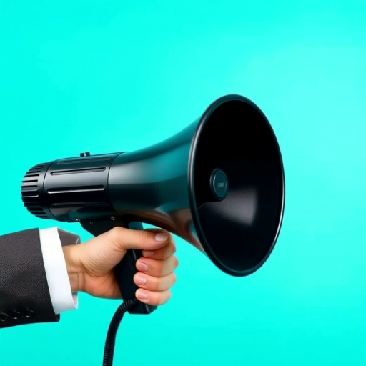 Create an illustration of a black megaphone held by a hand wearing a suit sleeve against a bright turquoise background, with a blank speech bubble to the right, captured using a high-resolution digital camera, with a shallow depth of field, in natural light, and framed in a medium shot for clarity and emphasis.