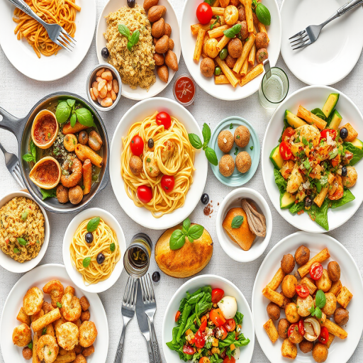 A vibrant flat lay of a gourmet Italian meal featuring diverse dishes like pasta, seafood, and salads, captured with a DSLR camera at f/2.8 aperture, ISO 200, 50mm lens, natural light, and overhead angle for rich colors and sharp details.