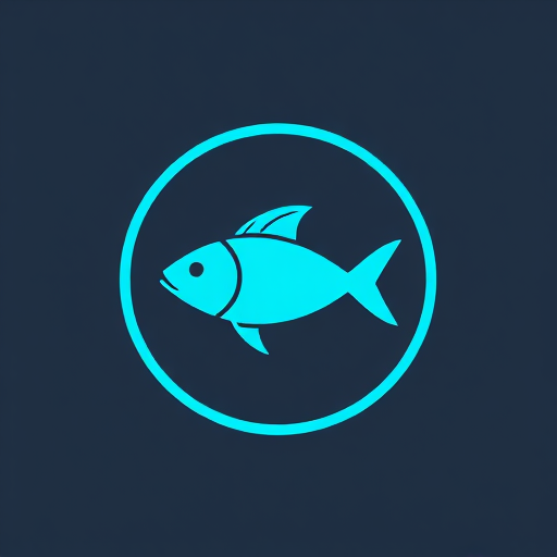 create a logo featuring a minimalist blue fish within a green circular outline, capture with a DSLR camera at f/8 aperture, ISO 100, 50mm lens, and natural soft lighting for enhanced clarity and detail