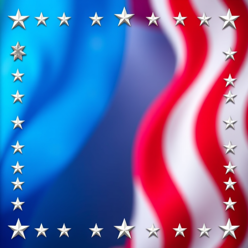 Generate a vibrant and colorful image with red, white, and blue wavy stripes and a decorative star border for a festive theme, using a DSLR camera with a 50mm lens, aperture set to f/2.8, ISO 100, and a slight bokeh effect to enhance the foreground details.
