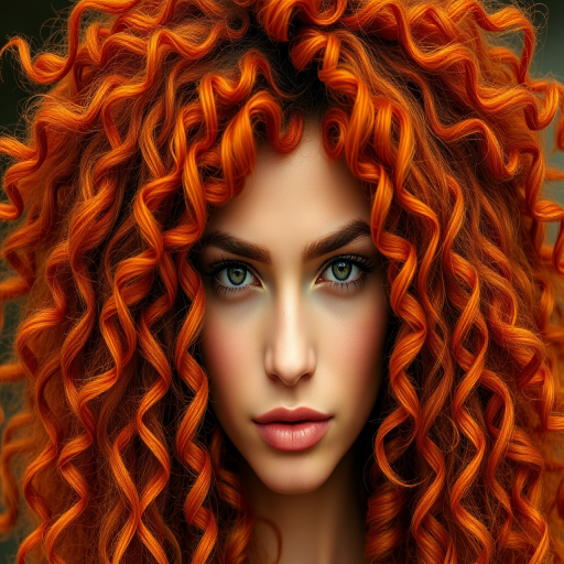 Fiery copper ringlets frame the face in a wild, untamed mane that reaches the shoulders, with streaks of golden sunbursts woven throughout, embodying the spirit of a passionate flame dancer called Ember Spiral