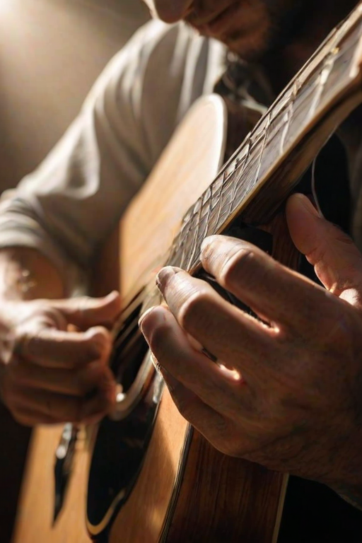 High-contrast, close-up photo of a guitar player's hands, fingers pressing the strings on a well-worn acoustic guitar, sunlight filtering through the window, dust motes visible in the air, wood grain of the guitar body textured and scratched, soft focus on the player's face in the background, concentration visible in their eyes.