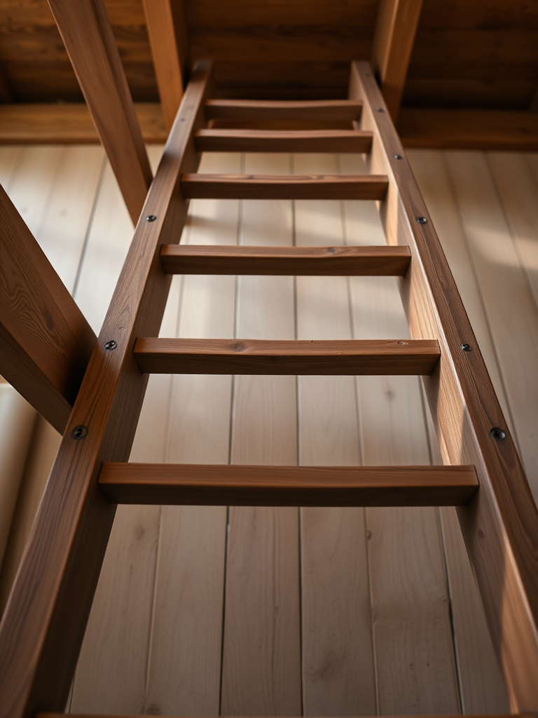 Create a high-resolution image of a wooden ladder with five steps, captured from a low angle using a DSLR camera, f/2.8 aperture, 50mm lens, ISO 100, natural lighting for enhanced detail and texture.