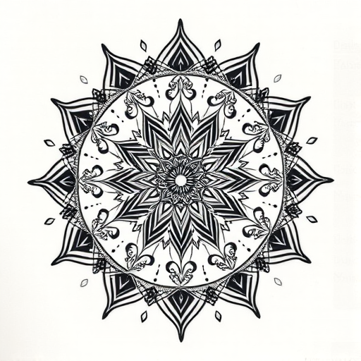 Ornamental dotwork mandala tattoo entitled "Sacred Geometry" showcasing intricate patterns and symmetrical designs inspired by ancient spiritual and mathematical concepts rendered entirely in precise dots of varying sizes and densities to create shading depth and texture incorporating sacred symbols and geometric shapes that radiate outward from a central focal point in perfect harmony and balance