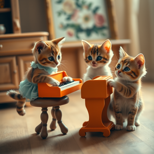 A charming scene of three cute cats in a vintage-style room. One cat, wearing a small, light-blue dress, sits on a tiny stool playing a miniature orange piano. Two other cats, with wide, curious eyes, watch the piano-playing cat intently. The room has warm lighting, with a cozy, old-fashioned aesthetic, soft wooden floors, and a blurred floral painting in the background. The overall mood is playful and whimsical, capturing the innocent curiosity of the cats. The image has a slightly worn, nostalgic feel, reminiscent of an old photograph.