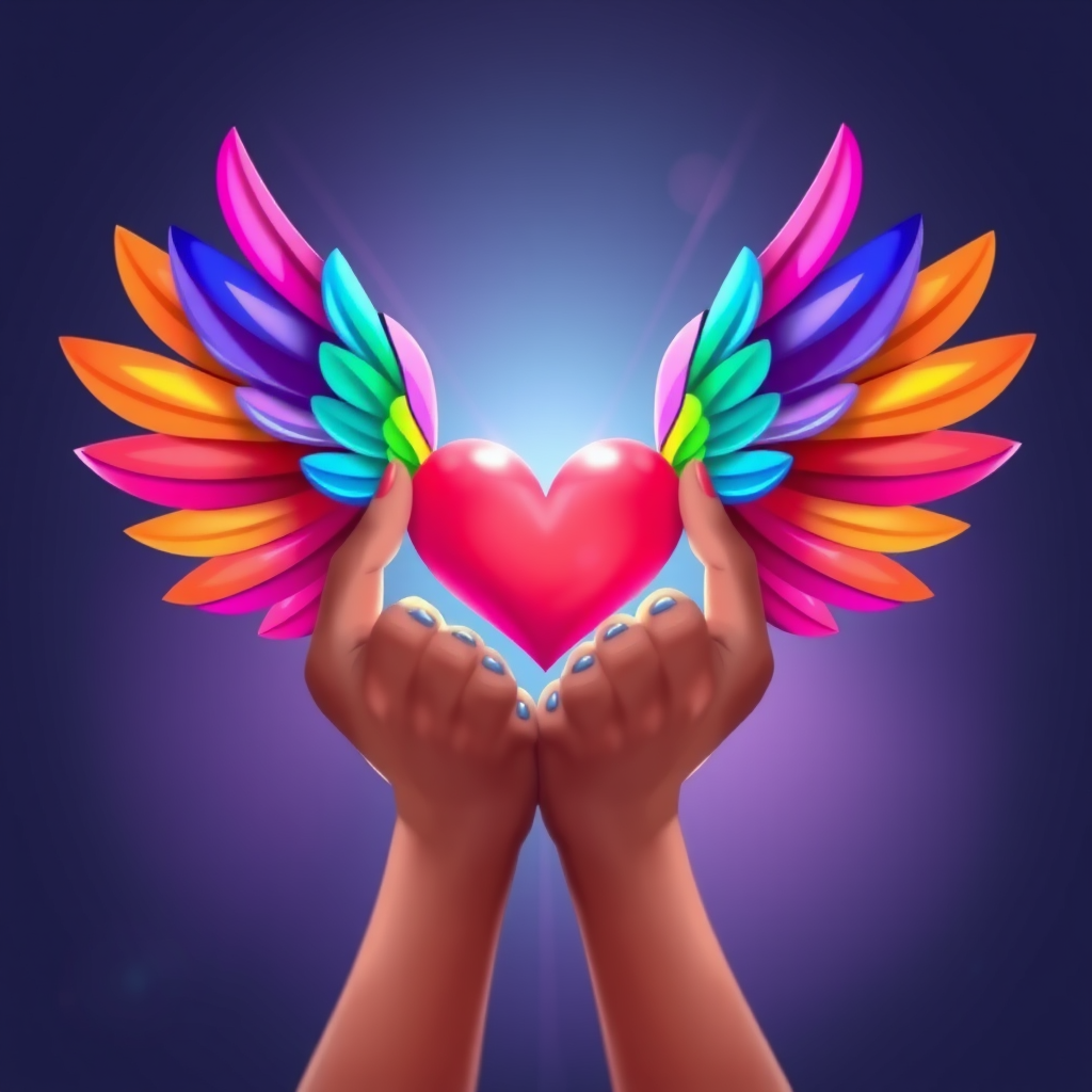 Create a vibrant illustration of two hands holding a heart, adorned with rainbow wings, captured in high resolution with a 50mm lens, f/2.8 aperture, ISO 100, shot from a straight-on view, using a digital camera for enhanced clarity and color saturation.