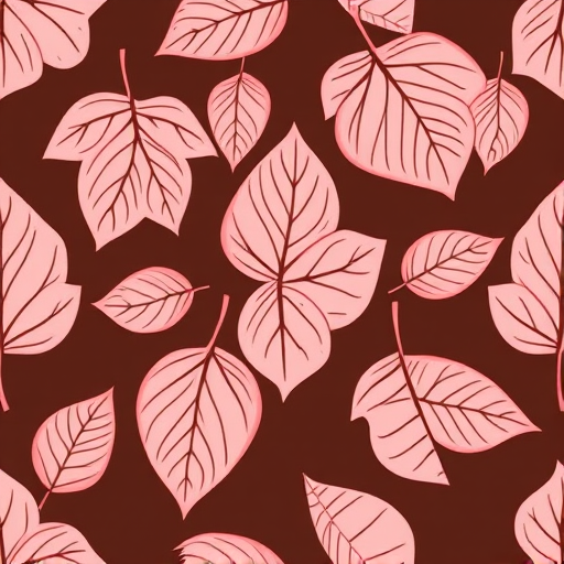Generate a seamless pattern of stylized leaves with intricate line work in soft pink and coral tones on a chocolate brown background using a Canon EOS R5, f/5.6 aperture, ISO 100, 50mm lens, shot from a top-down view in natural light to enhance details and color depth.