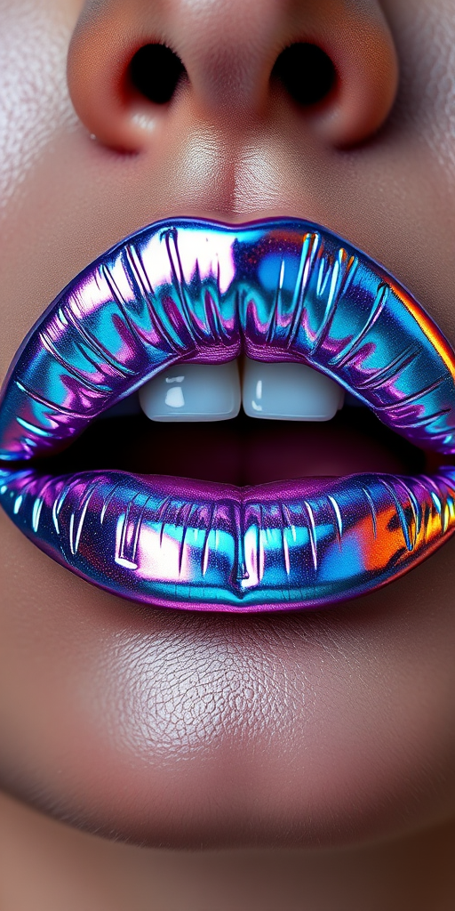 Mesmerizing portrait of holographic silver lips with prismatic reflections, showcasing futuristic appeal and eye-catching properties
