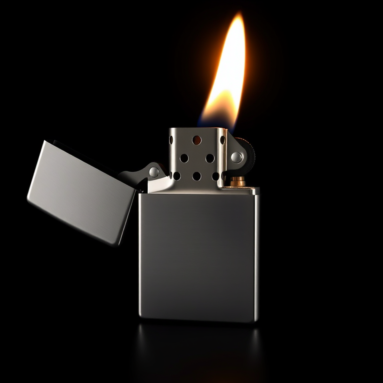 Create a highly detailed digital illustration of a silver lighter with the lid open and a flame emerging, centered in the frame against a smooth black background, using a Canon EOS 5D Mark IV, 50mm lens, aperture f/1.8, ISO 100, with soft lighting to enhance reflections and shadows for a professional look.