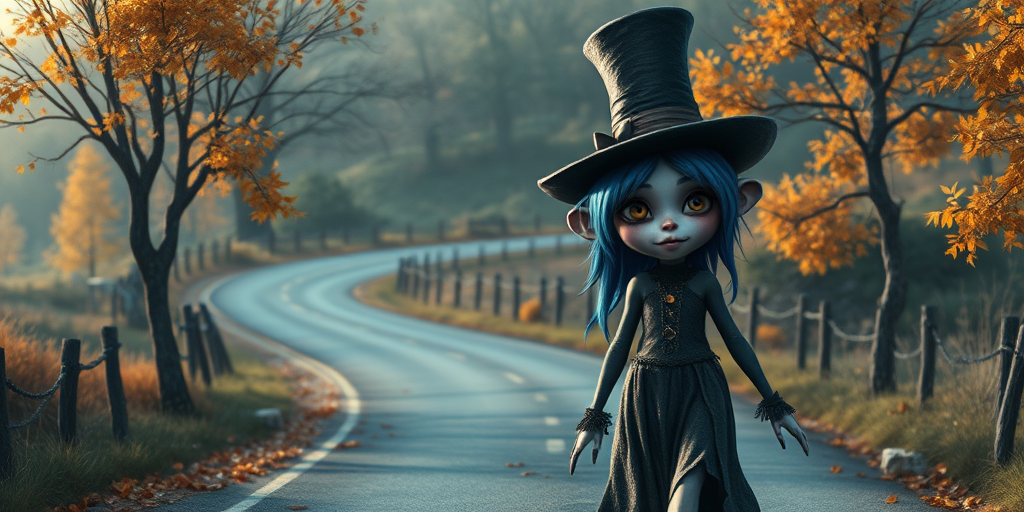 digital art fantasy depicting a strange girl with blue hair, long eyelashes, black lipstick and a tall hat walking along a winding road on an autumn afternoon, an Ape smiles as she passes